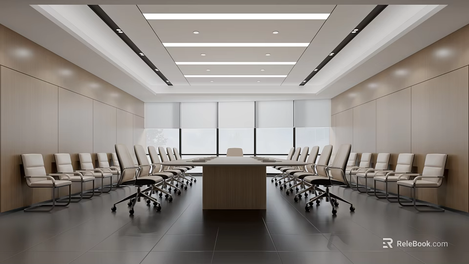 Modern Conference Room Interior Design With Long Conference Table Office Chairs Large Windows And Recessed Lights 3d model 