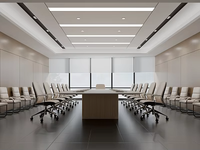 Modern Conference Room Interior Design With Long Conference Table Office Chairs Large Windows And Recessed Lights 3d model