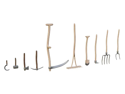 Various Traditional Agricultural Tools With Wooden And Metal Handles For Farming Tasks 3d model