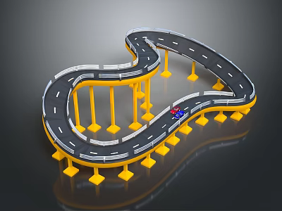 Curved Toy Race Track Model With Yellow Pillars Black Road Surface And Blue Car 3d model