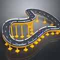 Curved Toy Race Track Model With Yellow Pillars Black Road Surface And Blue Car