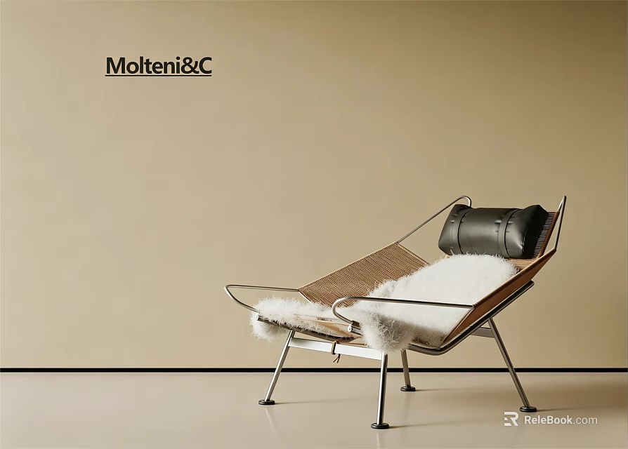 Modern MolteniC Lounge Chair With Metal Frame Black Cushion And White Fur 3d model 