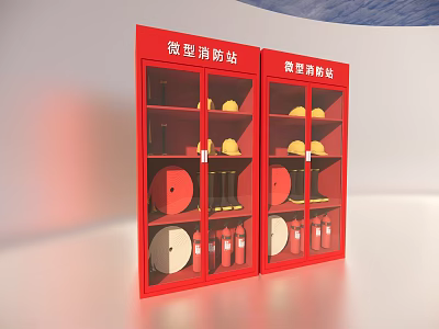 Red Mini Fire Station Storage Cabinet With Fire Extinguishers Helmets And Hoses 3d model