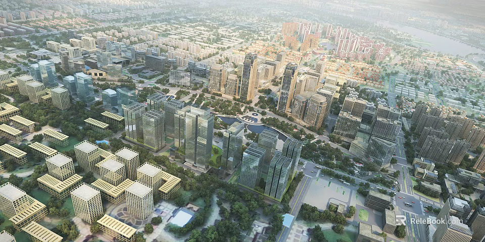 Aerial View Urban Planning With Modern High Rise Buildings Green Spaces And Road Networks 3d model 