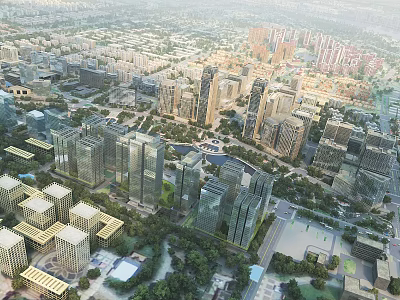 Aerial View Urban Planning With Modern High Rise Buildings Green Spaces And Road Networks 3d model