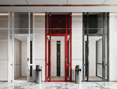 Elevators With Different Color Frames In Lobby With Marble Flooring 3d model