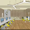 Modern Open Public Office Space With White Desks Yellow Chairs Wooden Flooring And Large Windows
