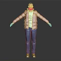 Man in Red Puffer Jacket White T-shirt Blue Jeans With Arms Outstretched on Dark Background