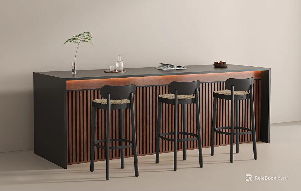 Modern Bar Counter with Vertical Slats Black Bar Stools Dark Countertop and Green Plant 3d model 