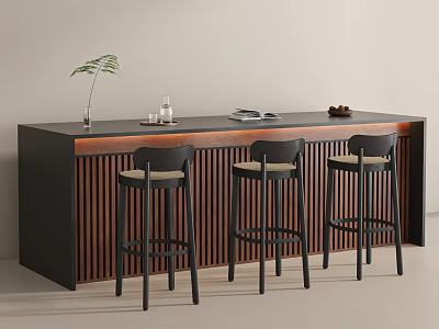 Modern Bar Counter with Vertical Slats Black Bar Stools Dark Countertop and Green Plant 3d model