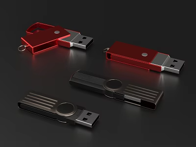 Multiple Metallic USB Flash Drives With Red And Black Sleek Modern Design 3d model