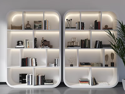 Modern White Bookshelf Design With LED Lighting Multiple Shelves Books And Decorative Items 3d model