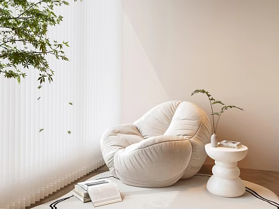 Cream Colored Bean Bag Chair With Side Table And Green Plant Near Window Blinds 3d model