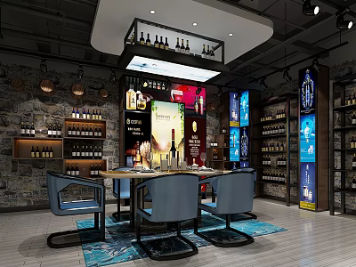 Modern Restaurant Interior With Stone Wall Wine Racks Bar Counter And Seating 3d model