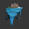 Red Building On Floating Iceberg Platform With Small Trees And Decorative Train
