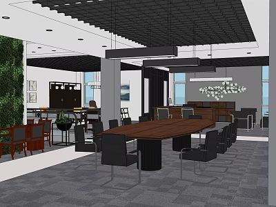Modern Office Space With Wooden Conference Table Black Chairs Green Plant Wall And Pendant Lights 3d model