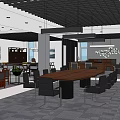 Modern Office Space With Wooden Conference Table Black Chairs Green Plant Wall And Pendant Lights