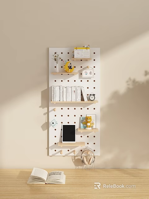 Modern Pegboard Wall Decor With Wooden Shelves Books Small Decor Items Tablet And Clock 3d model 