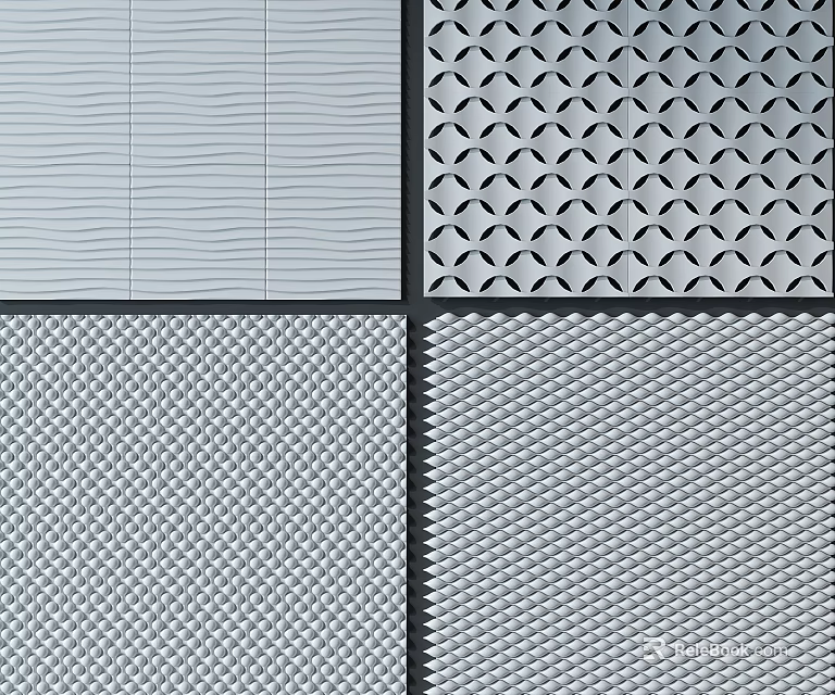 Modern Wall Panels Showcasing Perforated Grid Wavy and Textured Surface Patterns 3d model 