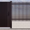 Modern Entrance Gate With Vertical Slats Design And White Brick Base Fence
