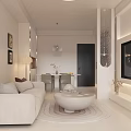 Modern Bright Cream Tone Living And Dining Room Interior With Comfortable Sofa And Elegant Vertical Blinds