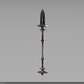 Ornate Fantasy Weapon Staff With Colored Crystal Top Metallic Carvings And Decorative Base