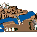 Magical Cartoon Scene with Mountain Cliff Dome Building Green Door Stairs Water and Greenery