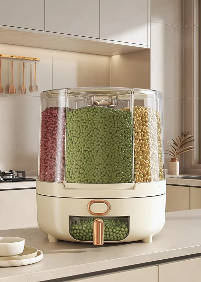 Modern Kitchen Interior Display Storage Container With Transparent Three Compartments Holding Colorful Grains 3d model