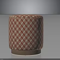 Round Upholstered Stool With Red And White Checkered Fabric And Wooden Base
