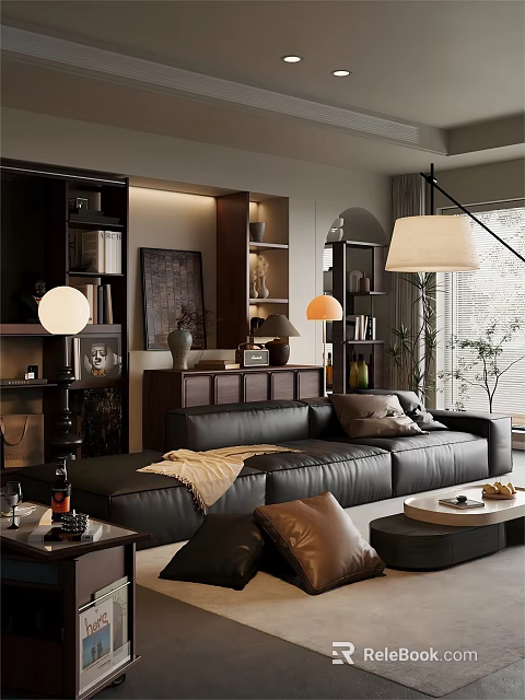 Cozy Modern Living Room Interior With Black Leather Sofa Wooden Bookshelves And Decorative Painting 3d model 