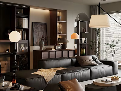 Cozy Modern Living Room Interior With Black Leather Sofa Wooden Bookshelves And Decorative Painting 3d model