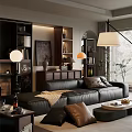 Cozy Modern Living Room Interior With Black Leather Sofa Wooden Bookshelves And Decorative Painting