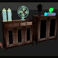 Vintage Wooden Cabinets With Blue Bottles Fan Potted Plant And Mirror