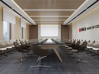 Bank of China Conference Room Featuring Long Table Wooden Ceiling Projection Screen And City View 3d model