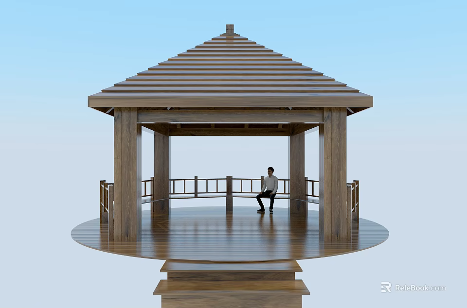 Wooden Canopy with Sloped Roof and Columns and Railing Where Person Sitting Under Blue Sky 3d model 