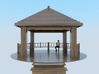 Wooden Canopy with Sloped Roof and Columns and Railing Where Person Sitting Under Blue Sky 3d model
