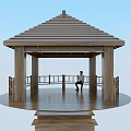Wooden Canopy with Sloped Roof and Columns and Railing Where Person Sitting Under Blue Sky