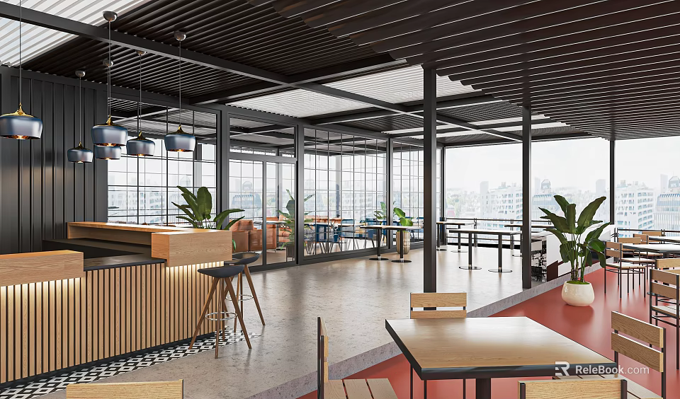 Modern Café Interior Design With Wooden Bar Counter Hanging Lamps Green Plants And City View 3d model 