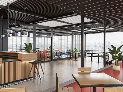 Modern Café Interior Design With Wooden Bar Counter Hanging Lamps Green Plants And City View 3d model