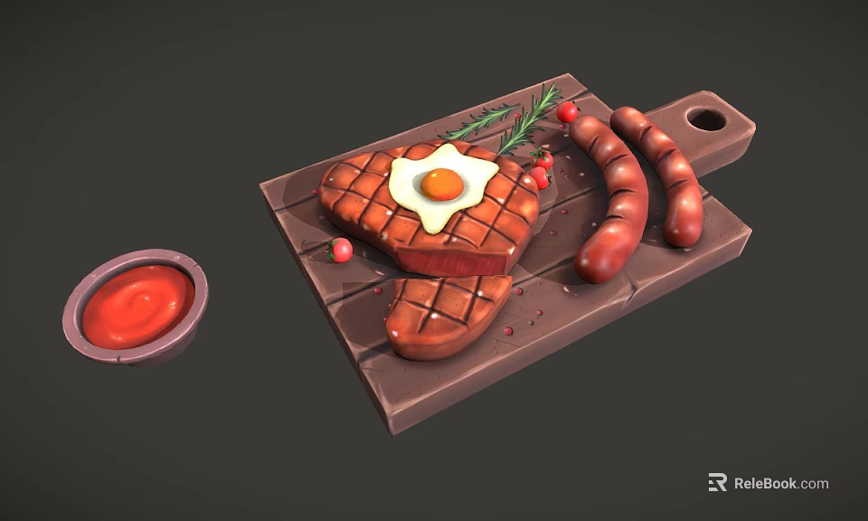 Grilled Steak with Fried Egg and Sausages on Wooden Cutting Board with Sauce and Herbs 3d model 