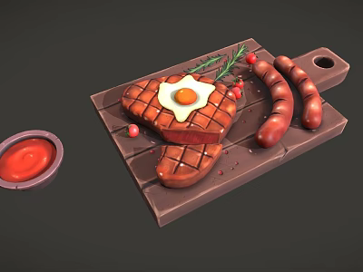 Grilled Steak with Fried Egg and Sausages on Wooden Cutting Board with Sauce and Herbs 3d model
