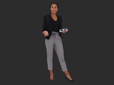 Woman in Black Blazer and Gray Plaid Pants Holding Tablet Against Dark Background 3d model