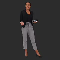 Woman in Black Blazer and Gray Plaid Pants Holding Tablet Against Dark Background