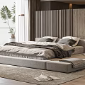 Modern Bedroom Interior Design With Large Window Scenic View Grey Bed And Wooden Elements