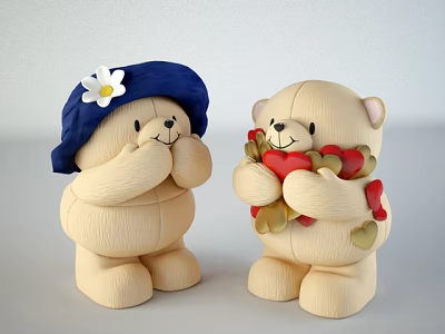 Two Adorable Teddy Bear Dolls with Blue Hat White Flower and Red Gold Hearts 3d model