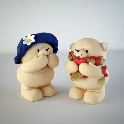 Two Adorable Teddy Bear Dolls with Blue Hat White Flower and Red Gold Hearts 3d model