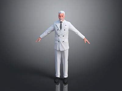 Man With White Hair In White Double Breasted Suit Standing Arms Outstretched Against Gray Background 3d model