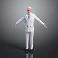 Man With White Hair In White Double Breasted Suit Standing Arms Outstretched Against Gray Background