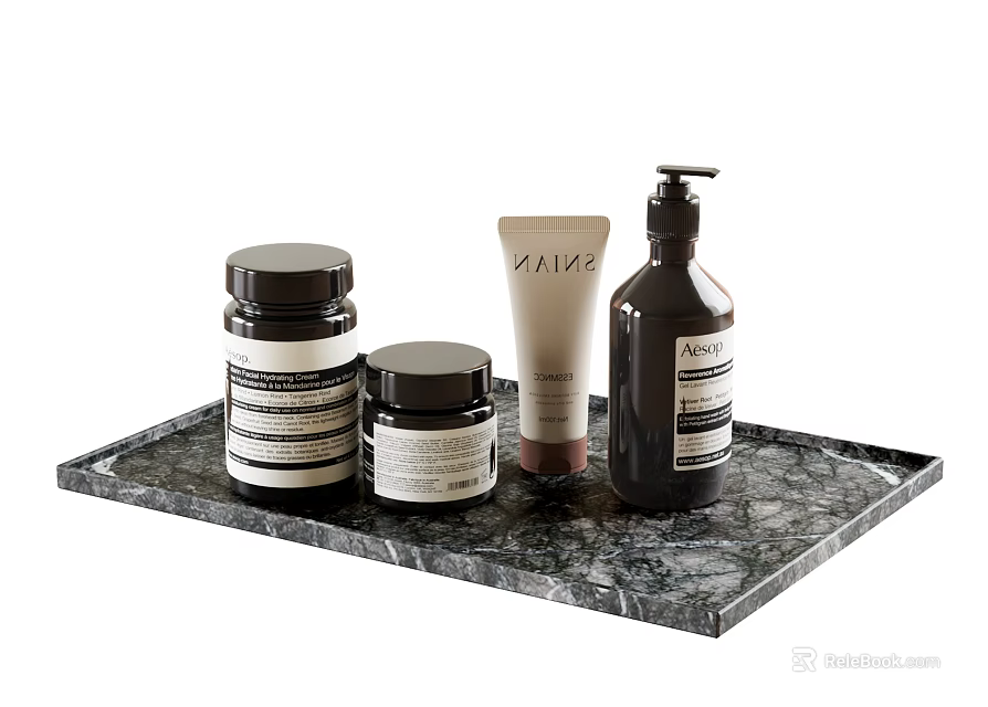 Daily Cleaning Products Including Pump Bottle Jars And Tube On Black Marble Tray 3d model 