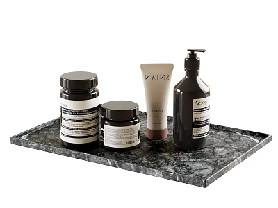 Daily Cleaning Products Including Pump Bottle Jars And Tube On Black Marble Tray 3d model